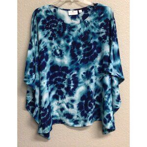 Quacker Factory Caftan Top Blue Turquoise Print Embellished Poncho Blouse Small